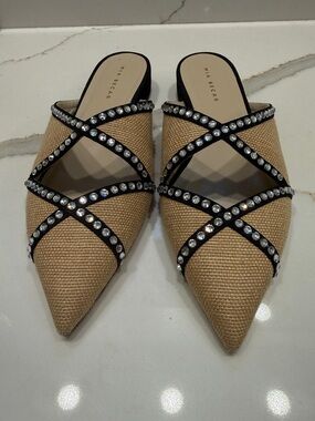 Mia Becar Ines Crystal Raffia & Leather Pointed Toe Mule Sz 42 NWOB